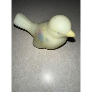 Fenton Uranium Satin Custard Glass Bird Vintage Hand Painted Signed Floral